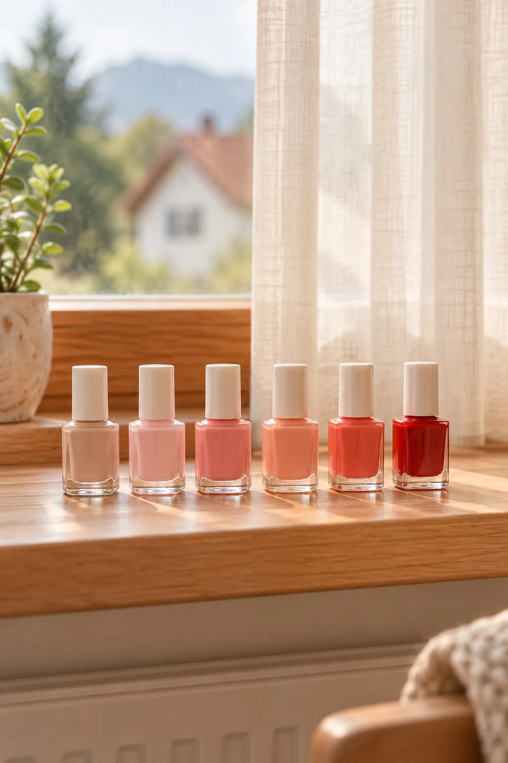 Nagellackflaschen in Nude-, Rosé- und Rottönen auf einer Fensterbank
