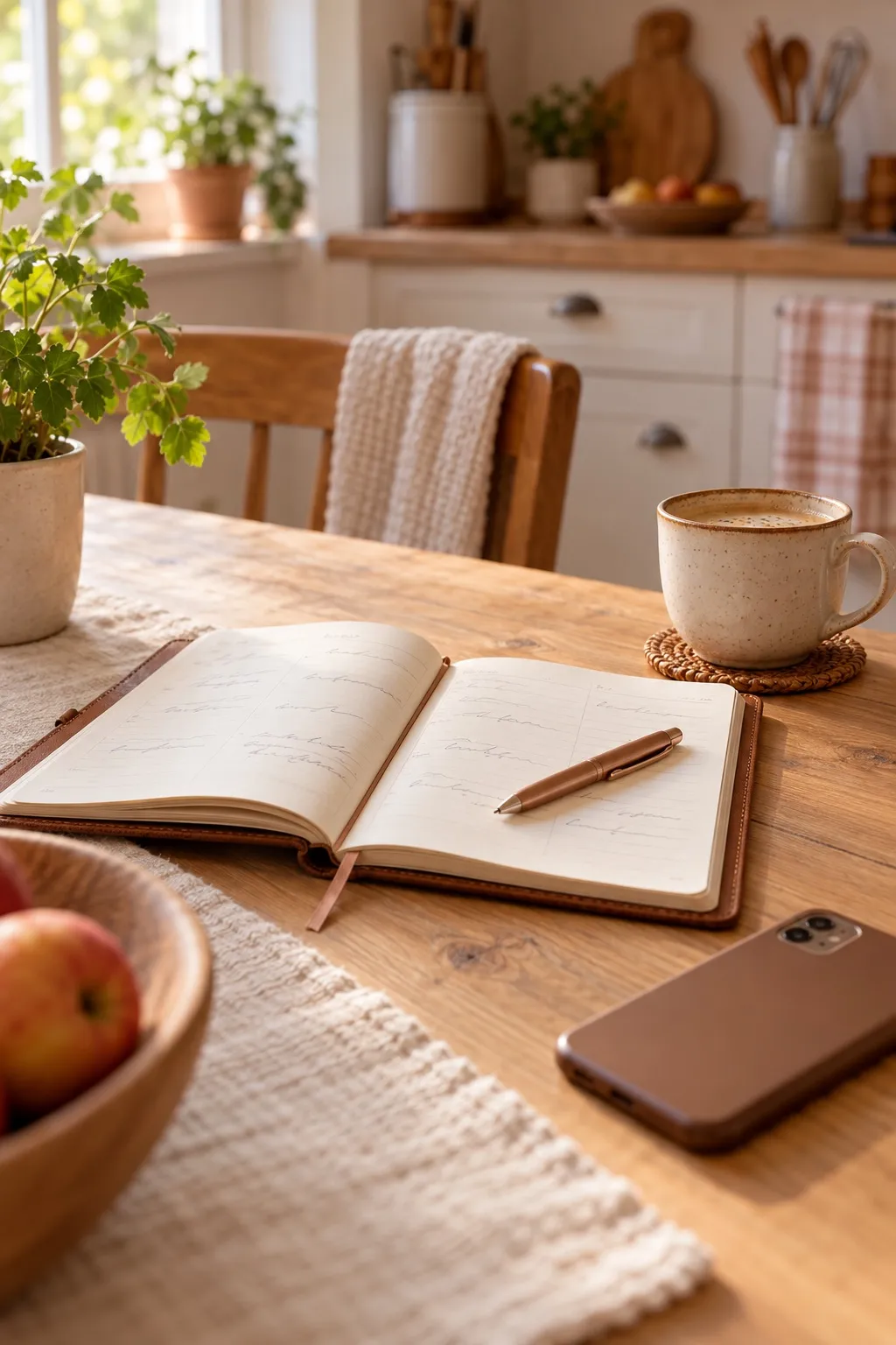 Aufgeschlagener Terminkalender mit Stift, Handy und Kaffeetasse auf einem Küchentisch