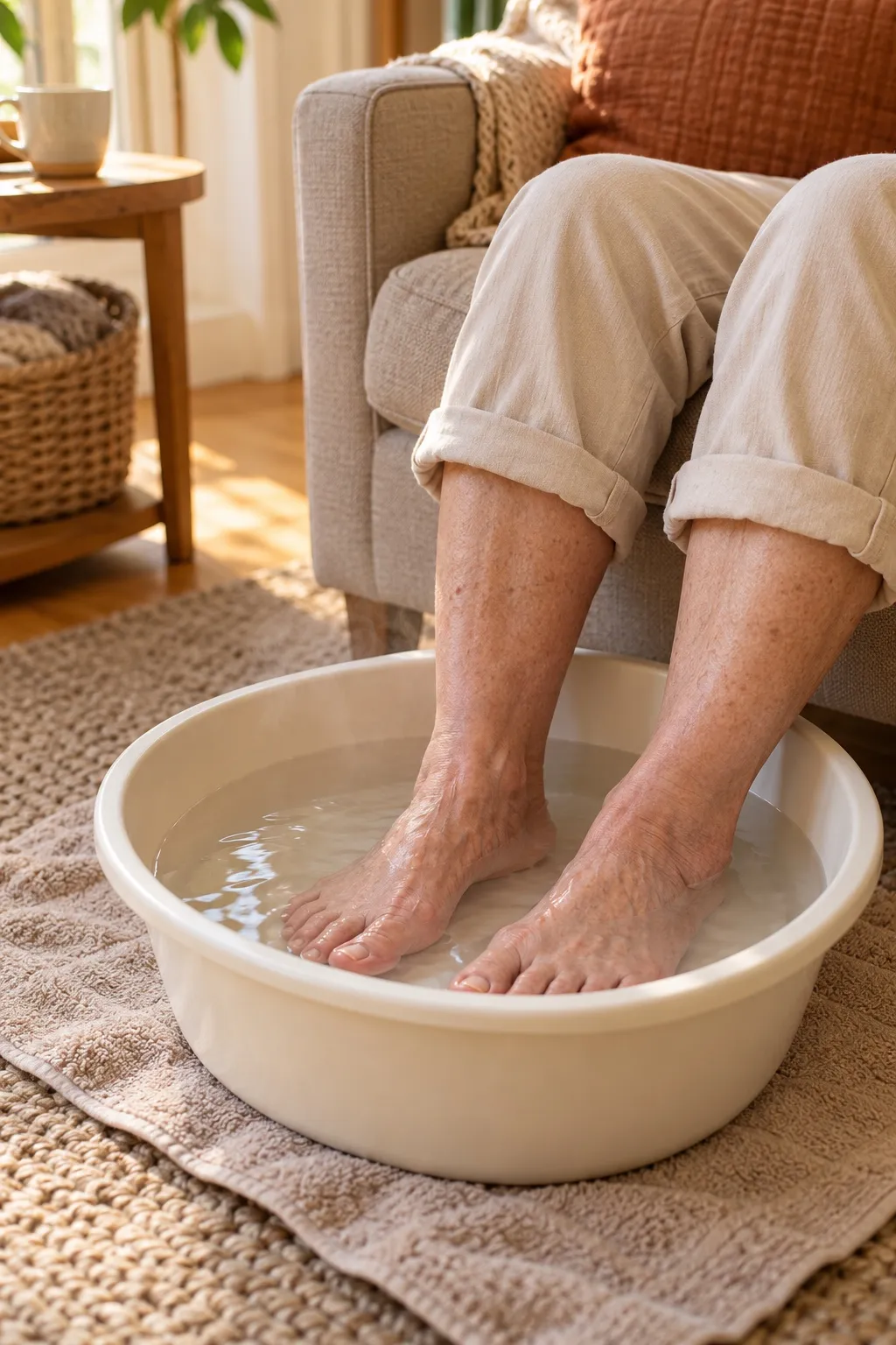 Füße in einer Fußbadewanne vor einem Sessel im Wohnzimmer