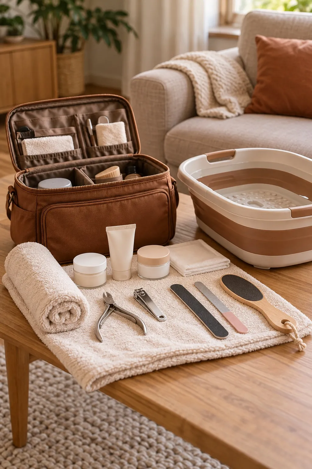 Ausgepackte Fußpflege-Tasche: Werkzeuge, Cremes und ein faltbares Fußbad auf einem Handtuch